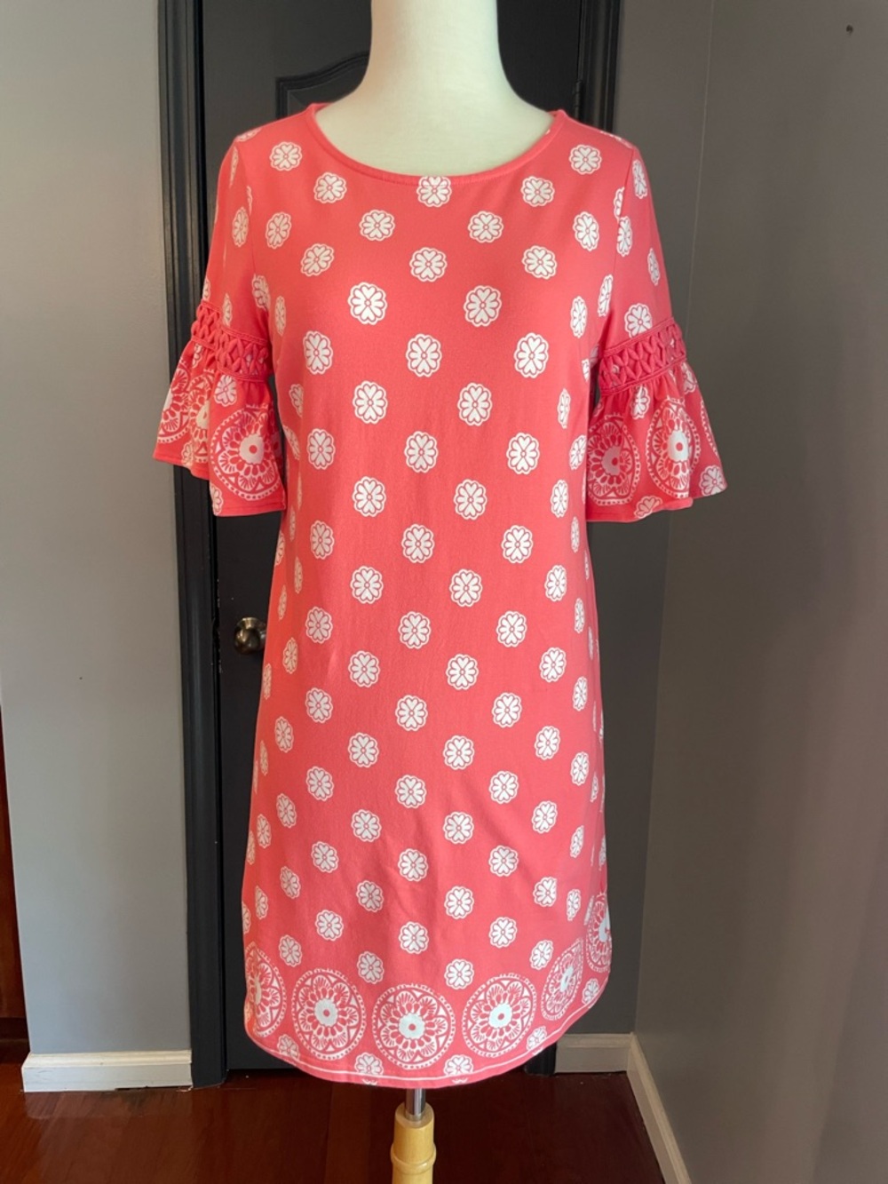 Crown & Ivy Coral Pink Printed Flutter Sleeve Dress